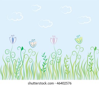 Summer grass background with flowers