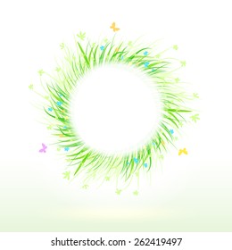 Summer grass circle frame for your text. Grass around circle shape. Eco friendly drawing background. Season nature illustration.