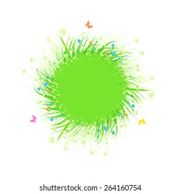 Summer grass circle label for your text. Grass around circle shape. Eco friendly drawing background. Season nature illustration.