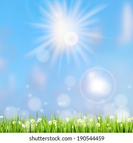 Summer grass in sun light and defocused sky on background. And also includes EPS 10 vector