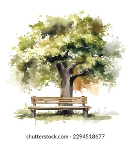 Summer grass and tree with bench in watercolor