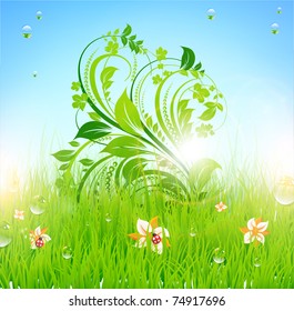 Summer grass wallpaper with flowers, ladybird, drops and sun shine. eps 10.