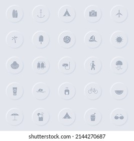 summer gray vector icons on round rubber buttons. summer icon set for web, mobile apps, ui design and promo business polygraphy