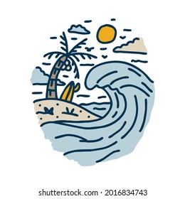 Summer with great wave and surfboard graphic illustration vector art t-shirt design