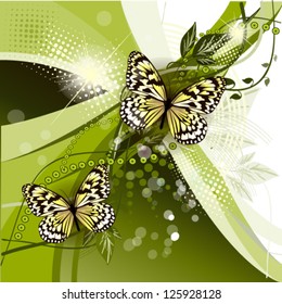 Summer green abstraction with butterflies. vector