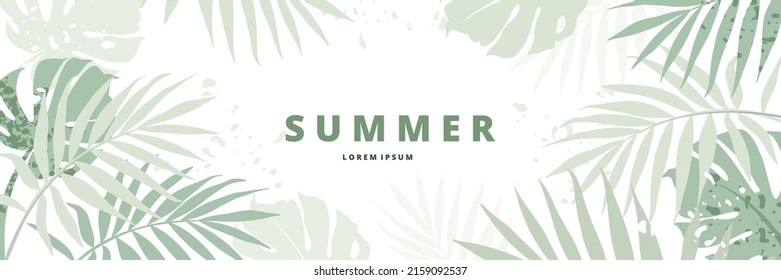 Summer green background. Horizontal banner template with tropical leaves, flowers. Vector abstract illustration for poster, postcard, header  website 