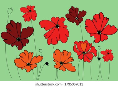 Summer green background with red flowers and indelible buds, one can use it for printing, textile and web