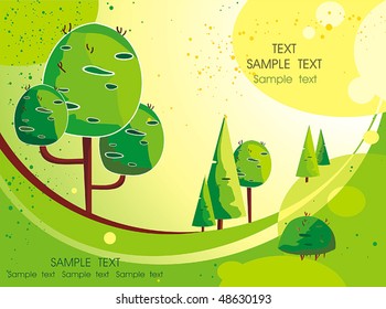 Summer green background with trees and bush.  Vector illustrations.