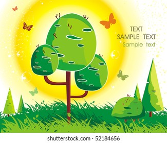 Fondo verde de verano con árboles y arbustos.  Ilustraciones vectoriales.