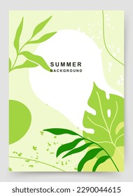 Summer green background with tropical leaves and texture. Editable vector templates for card, banner, invitation, social media post, poster, mobile apps, web ads
