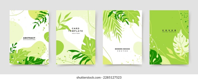 Summer green backgrounds with tropical leaves and texture. Editable vector templates for card, banner, invitation, social media post, poster, mobile apps, web ads