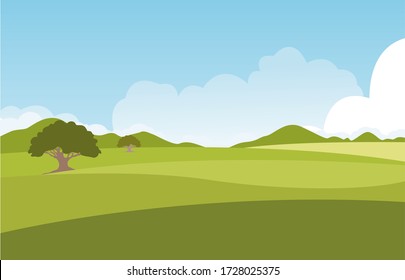 Summer green fields with grass,trees,white cloud and blue sky . background landscape.