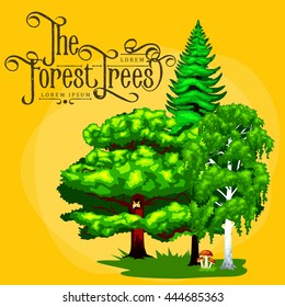 Summer Green Forest Tree and small animals in wild nature flora fauna. Cartoon vector set trees in outdoor park with branch, grass foliagles and leafs landscape design plants