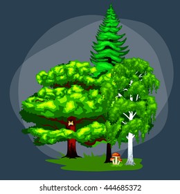 Summer Green Forest Tree and small animals in wild nature flora fauna. Cartoon vector set trees in outdoor park with branch, grass foliagles and leafs landscape design plants