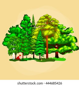 Summer Green Forest Tree and small animals in wild nature flora fauna. Cartoon vector set trees in outdoor park with branch, grass foliagles and leafs landscape design plants