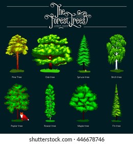 Summer Green Forest Tree and small animals in wild nature flora fauna. Cartoon vector set trees in outdoor park with branch, grass foliagles and leafs landscape design plants