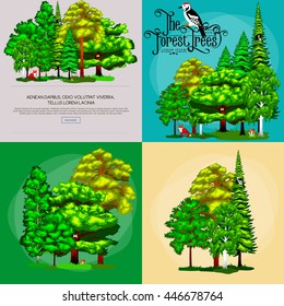 Summer Green Forest Tree and small animals in wild nature flora fauna. Cartoon vector set trees in outdoor park with branch, grass foliagles and leafs landscape design plants