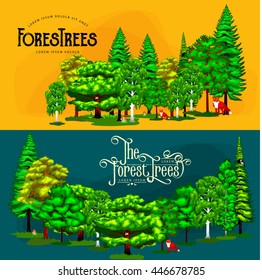 Summer Green Forest Tree and small animals in wild nature flora fauna. Cartoon vector set trees in outdoor park with branch, grass foliagles and leafs landscape design plants