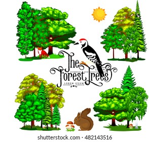 Summer Green Forest Tree and small animals in wild nature flora fauna. Cartoon vector set trees in outdoor park with branch, green grass foliagles and leafs landscape design plants