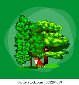 Summer Green Forest Tree and small animals in wild nature. Cartoon vector set in outdoor park with branch, foliagles and leafs plants