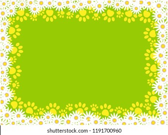 Summer green frame background with daisies and animal paw prints with copy space for text vector design template
