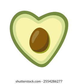 Summer green half of the avocado in heart shape with seed. Hand drawn cartoon fruit illustration.