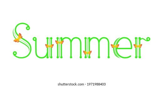 Summer. Green handwritten word with butterflies. Isolated on white background line art style illustration.
