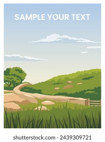 summer green hills landscape. panorama, green field, trees and rocks Vector flat style background.	