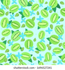 Summer green kiwi seamless pattern. Bright blue texture. Healthy vegetarian food. Fresh and juice fruits and berries. Vector illustration