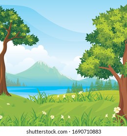 
Summer green landscape with beautiful scenery, lake and forest with blue cloudy sky