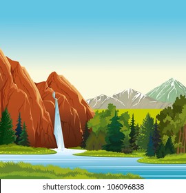 Summer green landscape with beautiful waterfall, forest and mountains on a blue sky