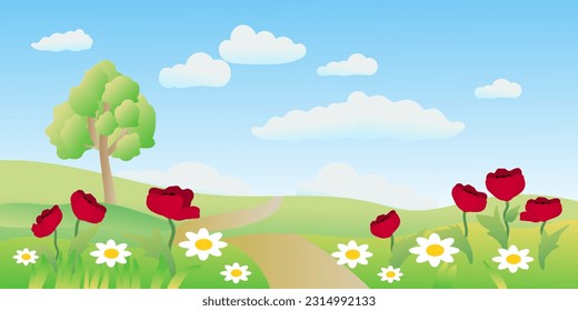 Summer green landscape with chamomile poppies flowers and sun vector illustration.