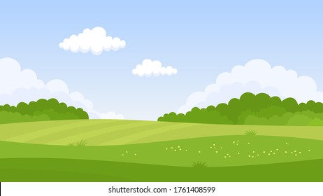 Summer green landscape. Fields, grass, flowers, forest and clouds. Vector illustration