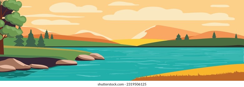 Summer green landscape. Rural view. Vector illustrations of nature, natural landscape, mountains, trees, river, lake, fields for background or banner