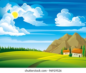 Summer green landscape with trees and houses on a blue cloudy sky background