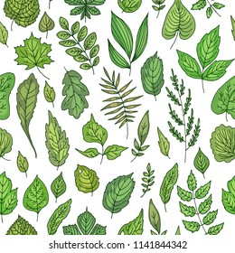 Summer green leaves, vector seamless pattern.