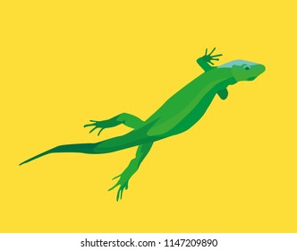 Summer of green lizards on a yellow  background. 