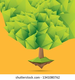 summer green low poly style tree isolated on orange background. Abstract Green tree design element for games and banners