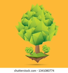 summer green low poly style tree isolated on orange background. Abstract Green tree design element for games and banners