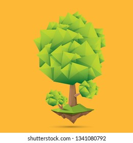 summer green low poly style tree isolated on orange background. Abstract Green tree design element for games and banners