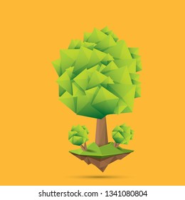 summer green low poly style tree isolated on orange background. Abstract Green tree design element for games and banners