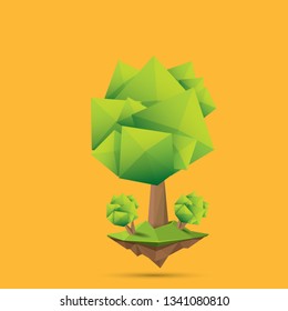 summer green low poly style tree isolated on orange background. Abstract Green tree design element for games and banners