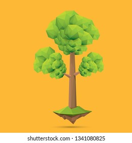 summer green low poly style tree isolated on orange background. Abstract Green tree design element for games and banners