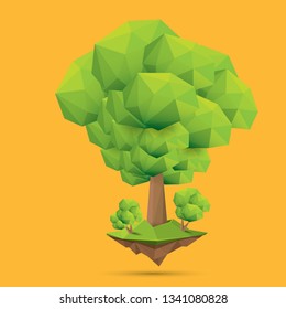 summer green low poly style tree isolated on orange background. Abstract Green tree design element for games and banners