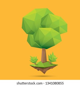 summer green low poly style tree isolated on orange background. Abstract Green tree design element for games and banners