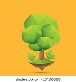 summer green low poly style tree isolated on orange background. Abstract Green tree design element for games and banners