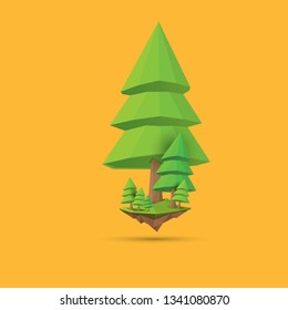 summer green low poly style tree isolated on orange background. Abstract Green tree design element for games and banners