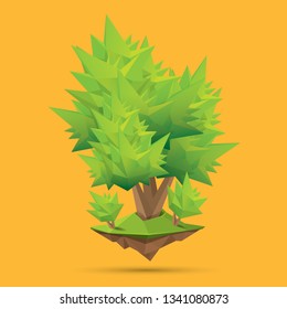 summer green low poly style tree isolated on orange background. Abstract Green tree design element for games and banners