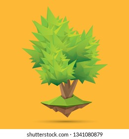 summer green low poly style tree isolated on orange background. Abstract Green tree design element for games and banners