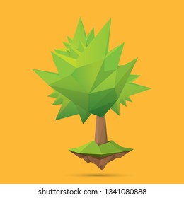 summer green low poly style tree isolated on orange background. Abstract Green tree design element for games and banners
